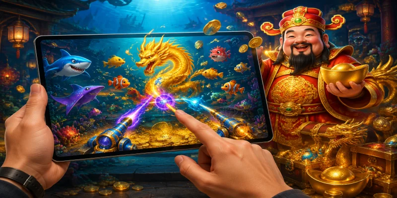 Giao diện sảnh game bắn cá thần tài với đồ họa 3D sống động và hệ thống sinh vật phong phú