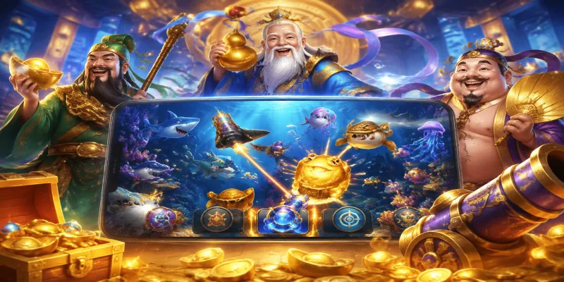 Giao diện sảnh game tam tiên bắn cá sống động với sự xuất hiện của ba vị thần Phúc Lộc Thọ